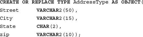 Line 1. CREATE OR REPLACE TYPE Address Type AS OBJECT open parentheses.
Line 2. Street VAR CHAR 2 open parentheses 50 close parentheses comma.
Line 3. City VAR CHAR 2 open parentheses 15 close parentheses comma.
Line 4. State CHAR open parentheses 2 close parentheses comma.
Line 5. Zip VAR CHAR 2 open parentheses 10 close parentheses close parentheses semicolon.
