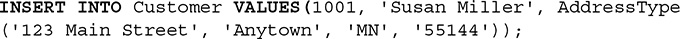 Line 1. INSERT INTO Customer VALUES open parentheses 1001 comma single quote Susan Miller single quote comma Address Type
Line 2. Open parentheses single quote 1 2 3 Main street single quote comma single quote Anytown single quote comma single quote M N single quote comma single quote 55144 single quote close parentheses single parentheses semicolon.
