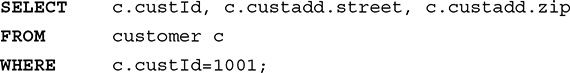 Line 1. SELECT c dot c u s t I d comma c dot c u s t add dot street comma c dot c u s t add dot zip.
Line 2. FROM customer c.
Line 3. WHERE c dot c u s t I d equals 1001 semicolon.
