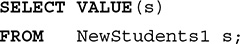 Line 1. SELECT VALUE open parentheses s close parentheses.
Line 2. FROM New Students 1 s semicolon.
