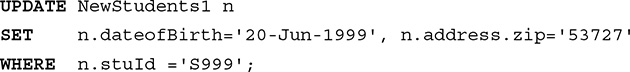 Line 1. UPDATE New Students 1 n.
Line 2. SET n dot date Of Birth equals single quote 20 hyphen Jun hyphen 1999 single quote comma n dot address dot zip equals single quote 53727 single quote.
Line 3. WHERE n dot s t u I d equals single quote S 999 single quote semicolon.
