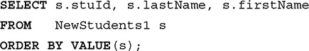 Line 1. SELECT s dot s t u I d comma s dot last Name comma s dot first Name.
Line 2. FROM New Students 1 s.
Line 3. ORDER BY VALUE open parentheses s close parentheses semicolon
