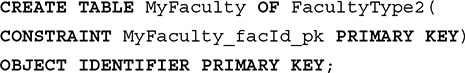 Line 1. CREATE TABLE My Faculty OF Faculty Type 2 open parentheses
Line 2. CONSTRAINT My Faculty underscore f a c I d underscore p k PRIMARY KEY close parentheses
Line 3. OBJECT IDENTIFIER PRIMARY KEY semicolon
