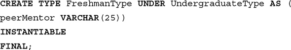 Line 1. CREATE TYPE Freshman Type UNDER Undergraduate Type AS open parentheses
peer Mentor VAR CHAR open parentheses 25 close parentheses close parentheses
Line 2. INSTANTIABLE
Line 3. FINAL semicolon
