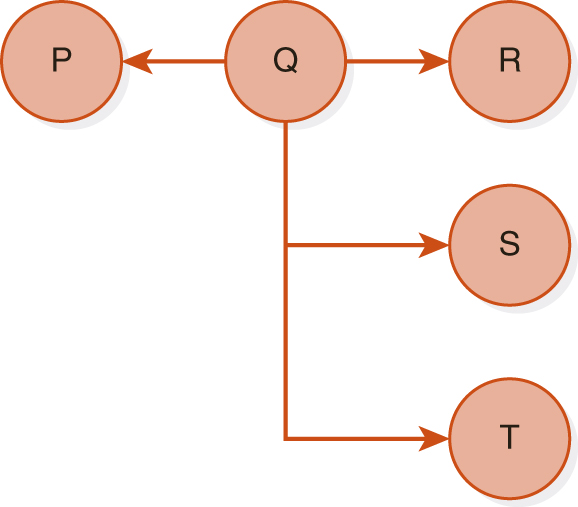 A graph with 5 nodes labeled P, Q, R, S, and T. Edges are directed from Q to all the other nodes.