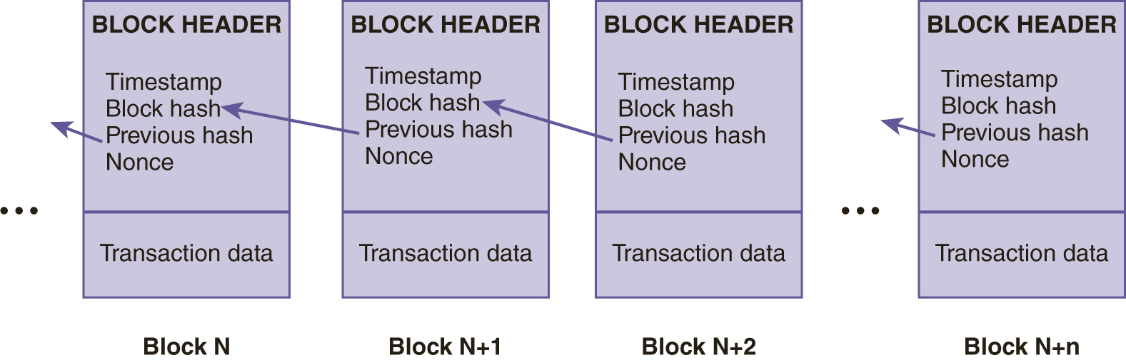 4 blocks are shown in the diagram. The block labels are N, N plus 1, N plus 2, and so on till N plus lowercase n. Each block has a block header and Transaction data. The components of the block header are Timestamp, Block hash, previous hash, and Nonce. An arrow is drawn from the Previous has of each block to the Block hash of the preceding block. 