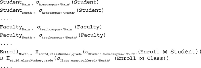 Student subscript Main hyphen sigma subscript home campus hyphen single quote Main single quote open parentheses Student close parentheses.
Student subscript North hyphen sigma subscript home campus hyphen single quote North single quote open parentheses Student close parentheses.
Faculty subscript Main hyphen sigma subscript teach campus hyphen single quote Main single quote open parentheses Faculty close parentheses.
Faculty subscript North hyphen sigma subscript teach campus hyphen single quote North single quote open parentheses Faculty close parentheses.
Enroll subscript North hyphen pi subscript s t u I d, comma, class Number, comma, grade open parentheses sigma subscript student dot home campus hyphen single quote North single quote open parentheses Enroll Natural join Student close parentheses close parentheses union pi subscript s t u I d, comma, class Number, comma, grade open parentheses sigma subscript class dot campus offered hyphen single quote North single quote open parentheses Enroll Natural join Class close parentheses close parentheses.
