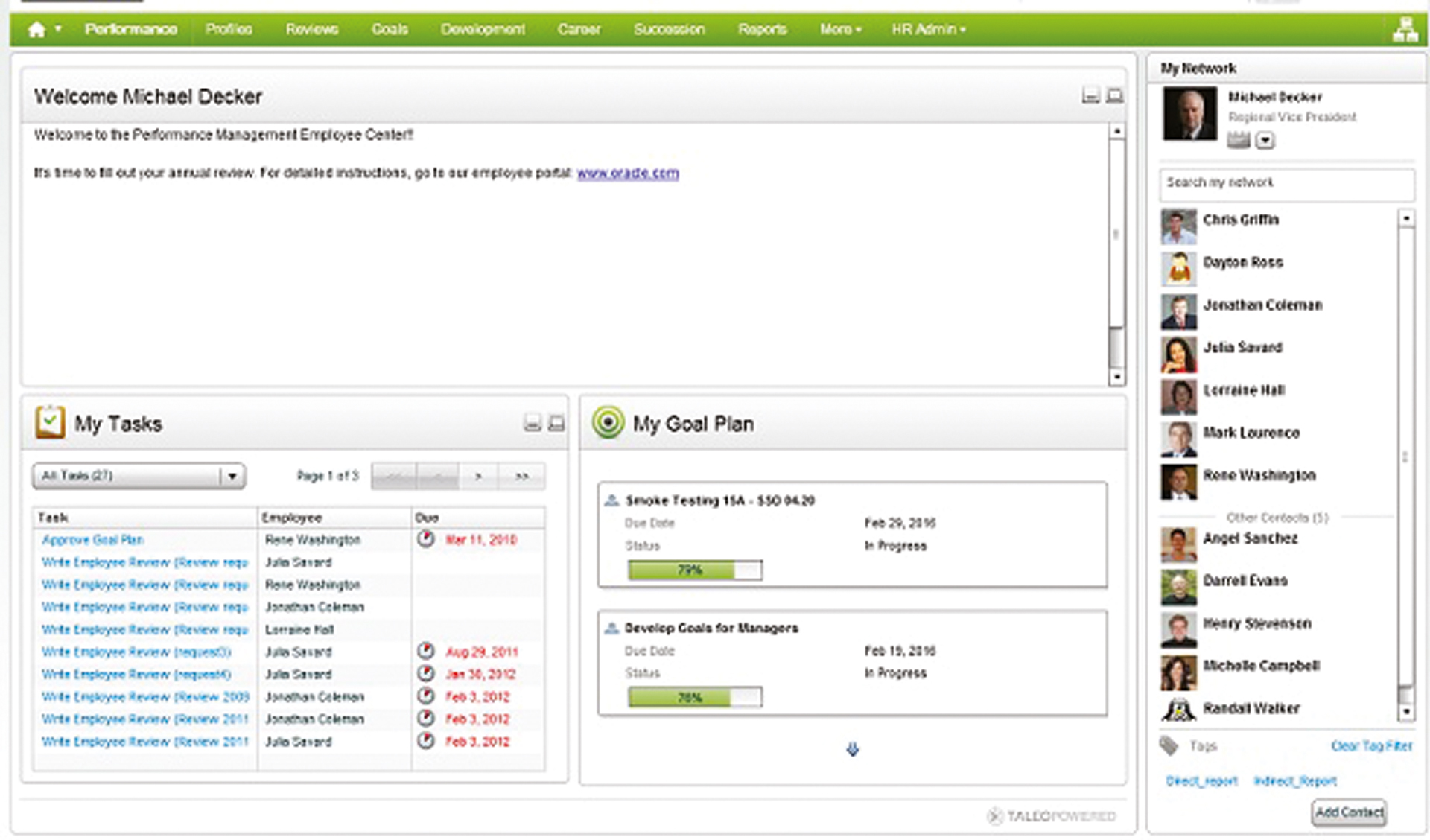Home, Performance, Profiles, Reviews, Goals, Development, Career, Succession, Reports, More, and H R Admin are the menus at the top. Welcome Michael Decker is the title of the pane at top left. The pane on the right represents My Network listing down the names of persons with their photos. Another pane at bottom left represents My Tasks and another one at bottom right represents My Goal Plan. In the My Tasks pane, Task, Employee, and Due are the column heads of a table. In the My Goal Plan pane, two boxes represent Smoke Testing and Develop Goals for Managers with a bar in each of the boxes representing the percentage of achievement of the goals.
