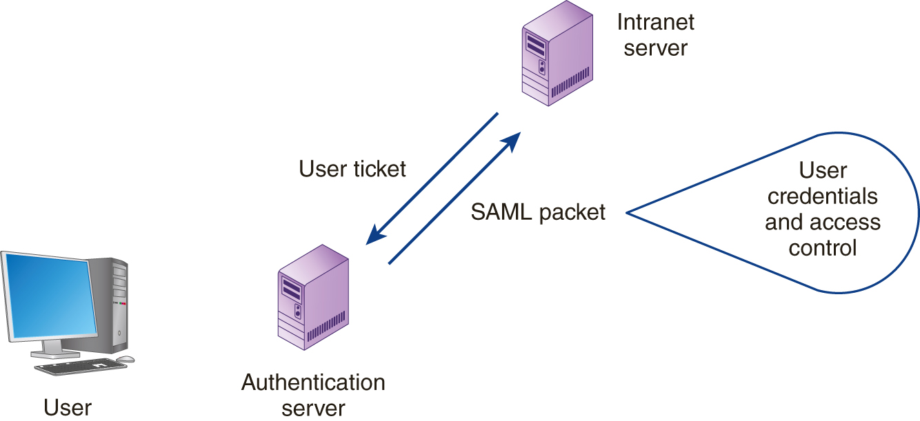 An illustration shows an authentication server sending an S A M L packet consisting of user credentials and access control to an intranet server which in turn returns a user ticket back to the authentication server. A user is proximal to the authentication server.
