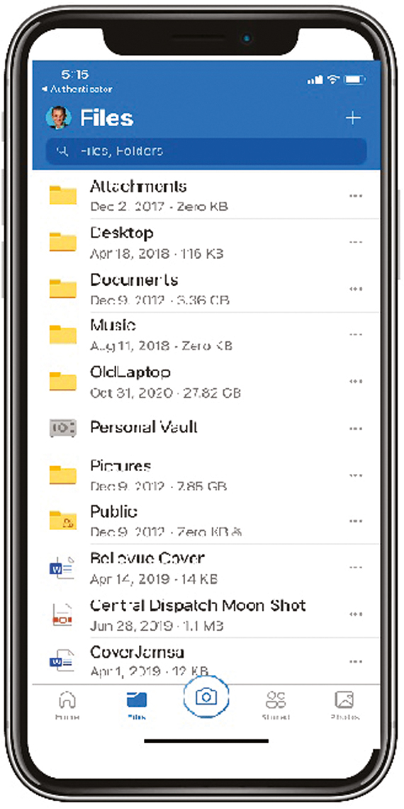 An illustration displays a list of cloud based files in the OneDrive mobile app. The profile picture of the owner is at top left of the screen.
