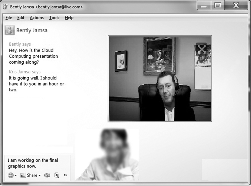 The window is titled Bently Jamsa open angle bracket bently dot jamsa at live dot com close angle bracket. File, Edit, Actions, Tools, and Help are the menus at the top. The text chats between Bently and Kris Jamsa are on the left and live video streaming of both of them is on the right.
