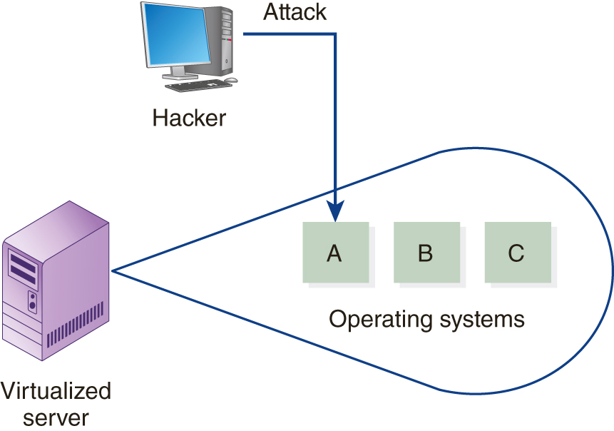 An illustration shows a virtualized server running three operating systems A, B, and C with a hacker attacking operating system A.