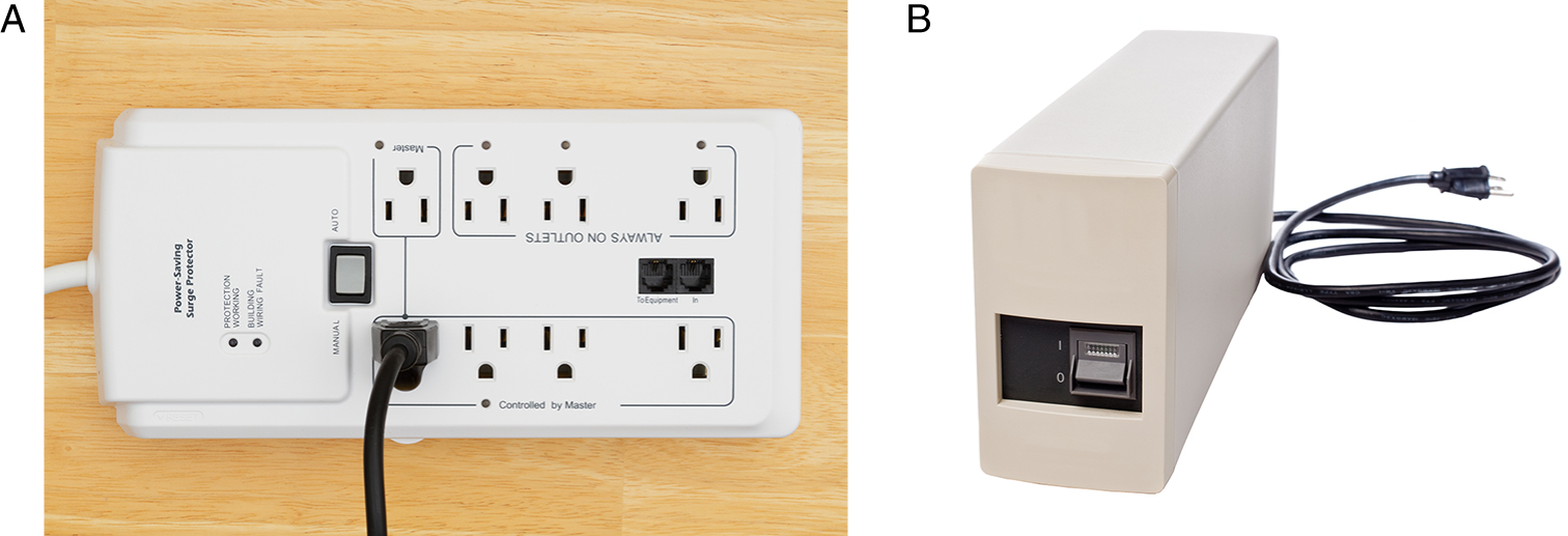 Panel A shows a photo of a surge suppressor consisting of multiple plug points and panel B shows a U P S, which is in the form of a cuboid.