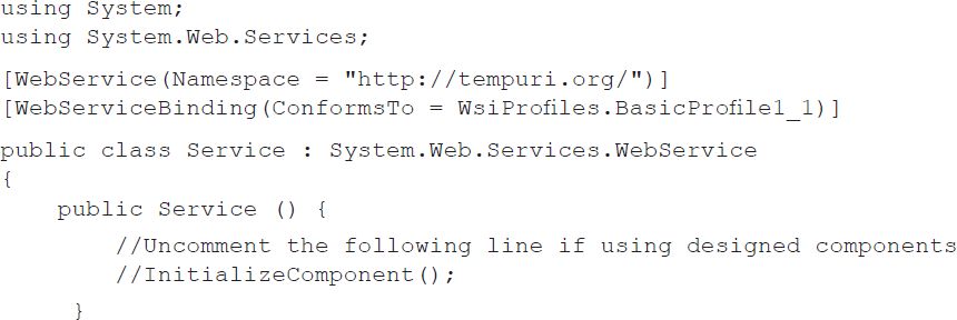 The program reads as follows: Line 1: using System semicolon. Line 2: using System dot Web dot Services semicolon. Line 3: open bracket Web Service open parenthesis Name space equals double quote h t t p colon double slash tempura dot o r g slash double quote close parenthesis close bracket. Line 4: open bracket Web Service Binding open parenthesis Conforms To equals W s i Profiles dot Basic Profile 1 underscore 1 close parenthesis close bracket. Line 5: public class Service colon System dot Web dot Services dot Web Service. Line 6: open brace. Line 7: public Service open parenthesis close parenthesis open brace. Line 8: double slash Uncomment the following line if using designed components. Line 9: double slash Initialize Component open parenthesis close parenthesis semicolon. Line 10: close brace. Line 11: open bracket Web Method close bracket. Line 12: public string Uppercase open parenthesis string source close parenthesis. Line 13: open brace. Line 14: return source dot To Upper open parenthesis close parenthesis semicolon. Line 15: close brace. Line 16: open bracket Web Method close bracket. Line 17: public string Lowercase open parenthesis string source close parenthesis. Line 18: open brace. Line 19: return source dot To Lower open parenthesis close parenthesis semicolon. Line 20: close brace. Line 21: close brace.