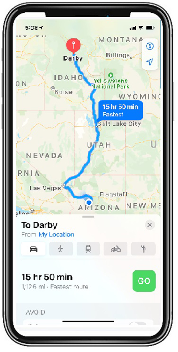 An illustration shows a mobile device displaying travel directions from Darby to Arizona on a map with travel time and distance.
