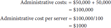 Administrative costs equal 50,000 dollars plus 50,000, which equals 100,000 dollars. Administrative cost per server equals 100,000 dollars over 100, which equals 1000 dollars.
