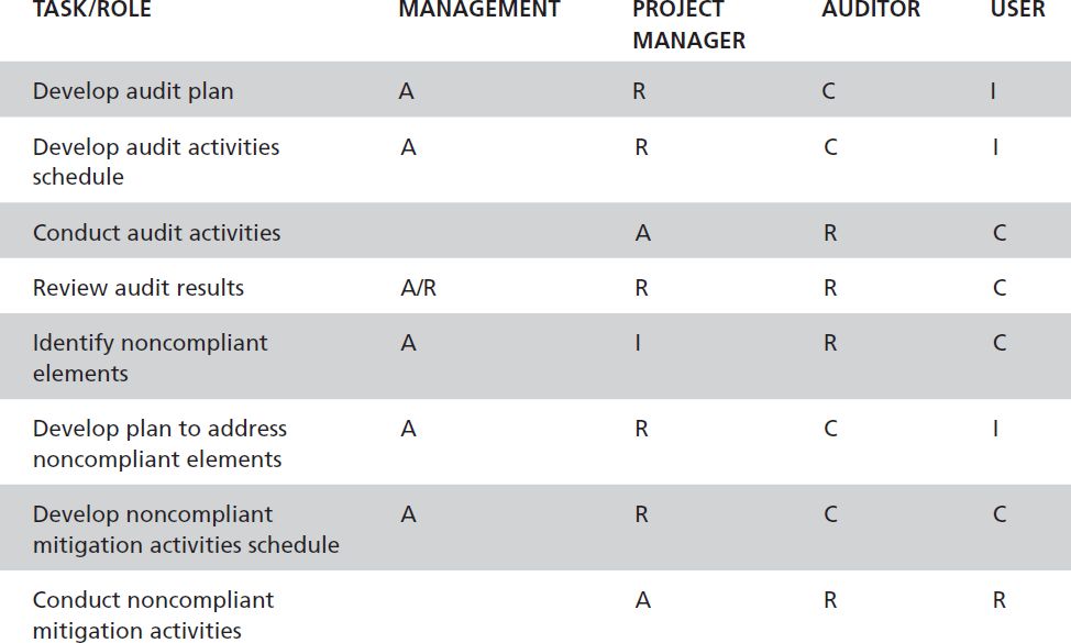 A table detailing a simple R A C I matrix for an I T audit.