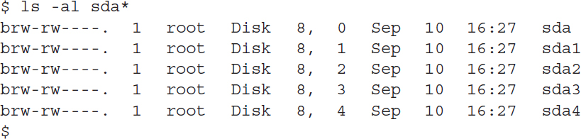 An example of a few device files on a Linux server is shown.