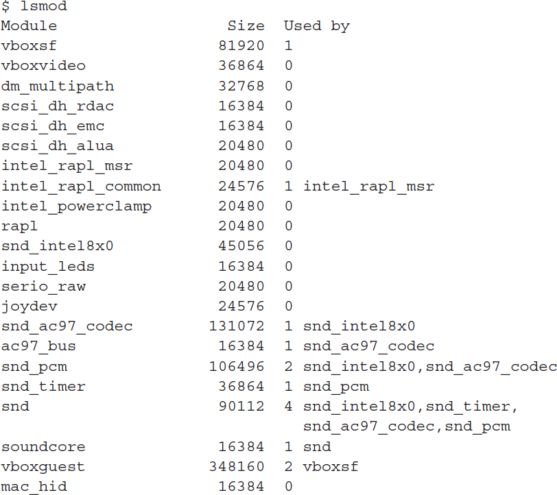 An output shows device modules already loaded in the Linux kernel by using the l s mod command line command.