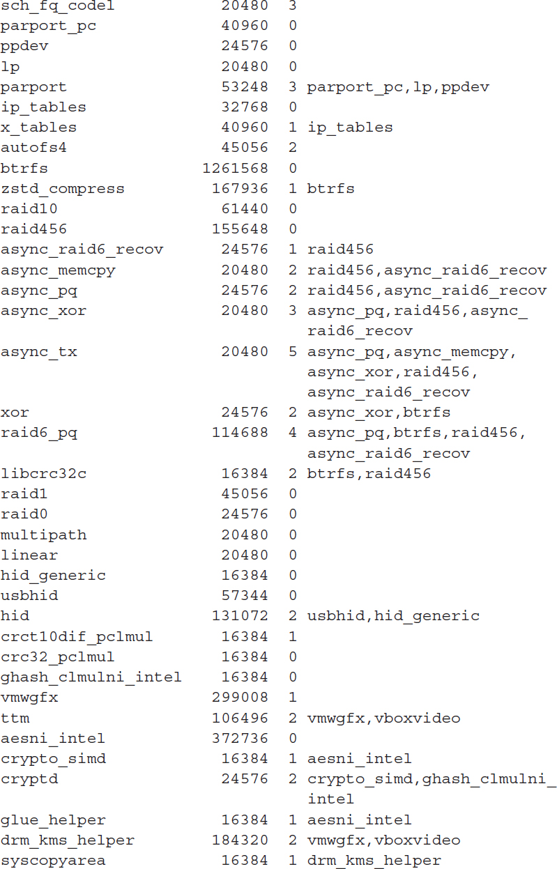 An output shows device modules already loaded in the Linux kernel by using the l s mod command line command.