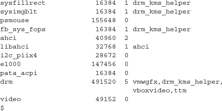 An output shows device modules already loaded in the Linux kernel by using the l s mod command line command.