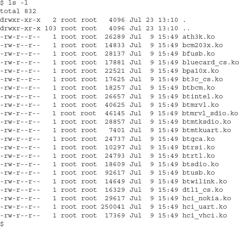 An output shows lots of different device driver module files for various types of Bluetooth systems.