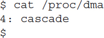 Line 1: dollar cat slash proc slash d m a. Line 2: 4 colon cascade. Line 3: dollar.