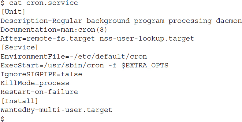 An example of the cron dot service unit configuration file used in Ubuntu.