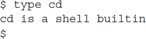 Line 1: dollar type c d. Line 2: c d is a shell builtin. Line 3: dollar.