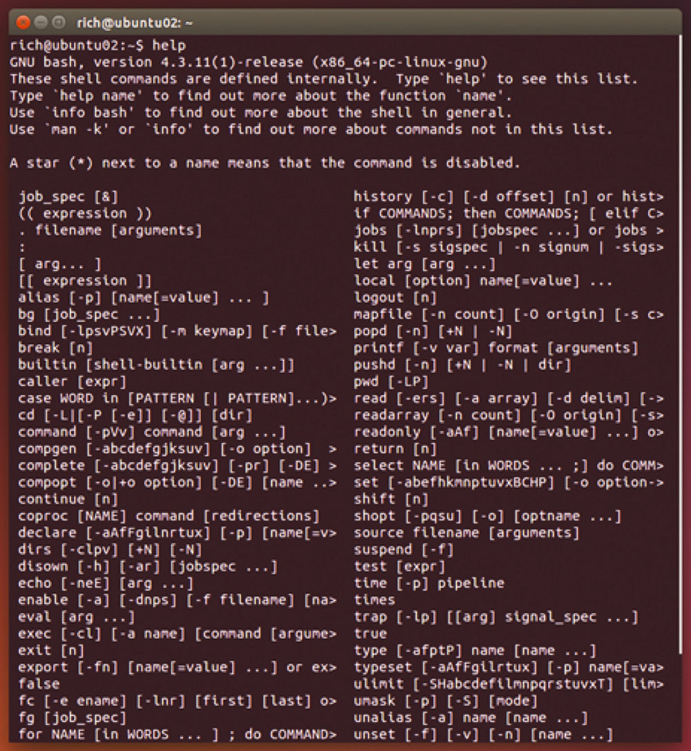 An output shows a list of the available built in commands using the help command.