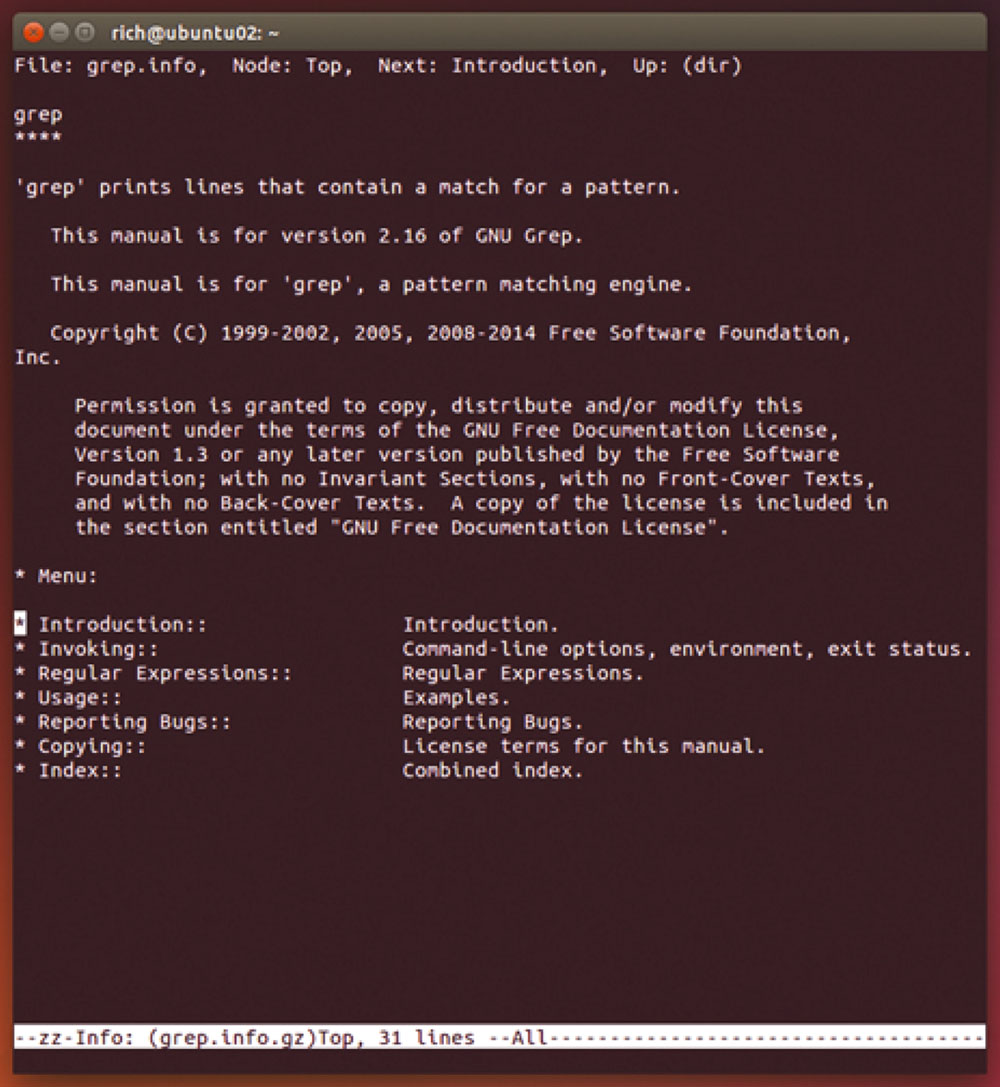 A screenshot shows the info page for the Linux grep command.