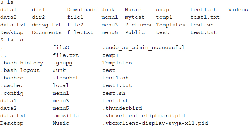 An output shows hidden files using the l s command with the hyphen a command line parameter.