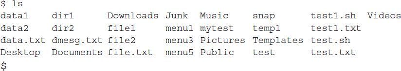 An output displays the files and directories located in the current directory using the l s command.