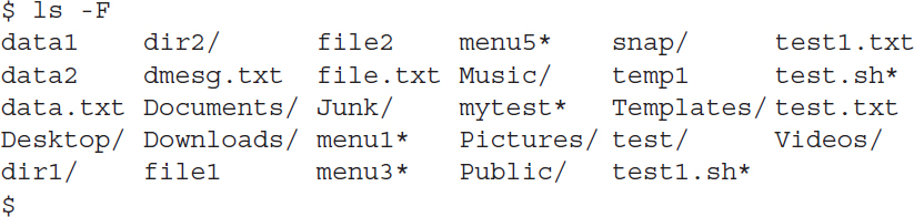 An output distinguishes files from directories using the l s command with hyphen F parameter.