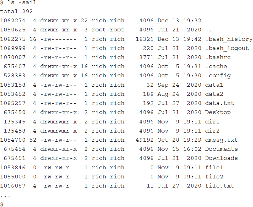 An output is shown using the l s command with hyphen sail parameter.