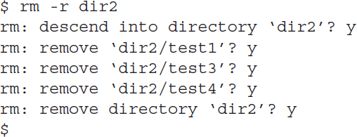 An output shows the removal of files in the directory, then the directory itself, using the r m command with hyphen r parameter.