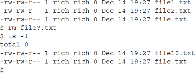 An output shows information about several files using the r m and l s commands.