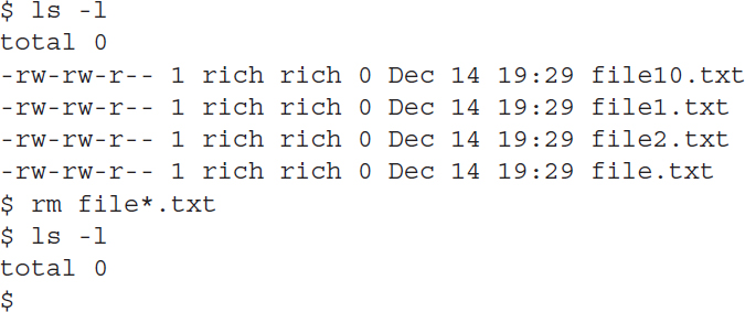 An output shows details about four files using r m command with file asterisk dot t x t parameter.