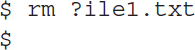 Line 1: dollar space r m space question mark i l e 1 dot t x t. Line 2: dollar.