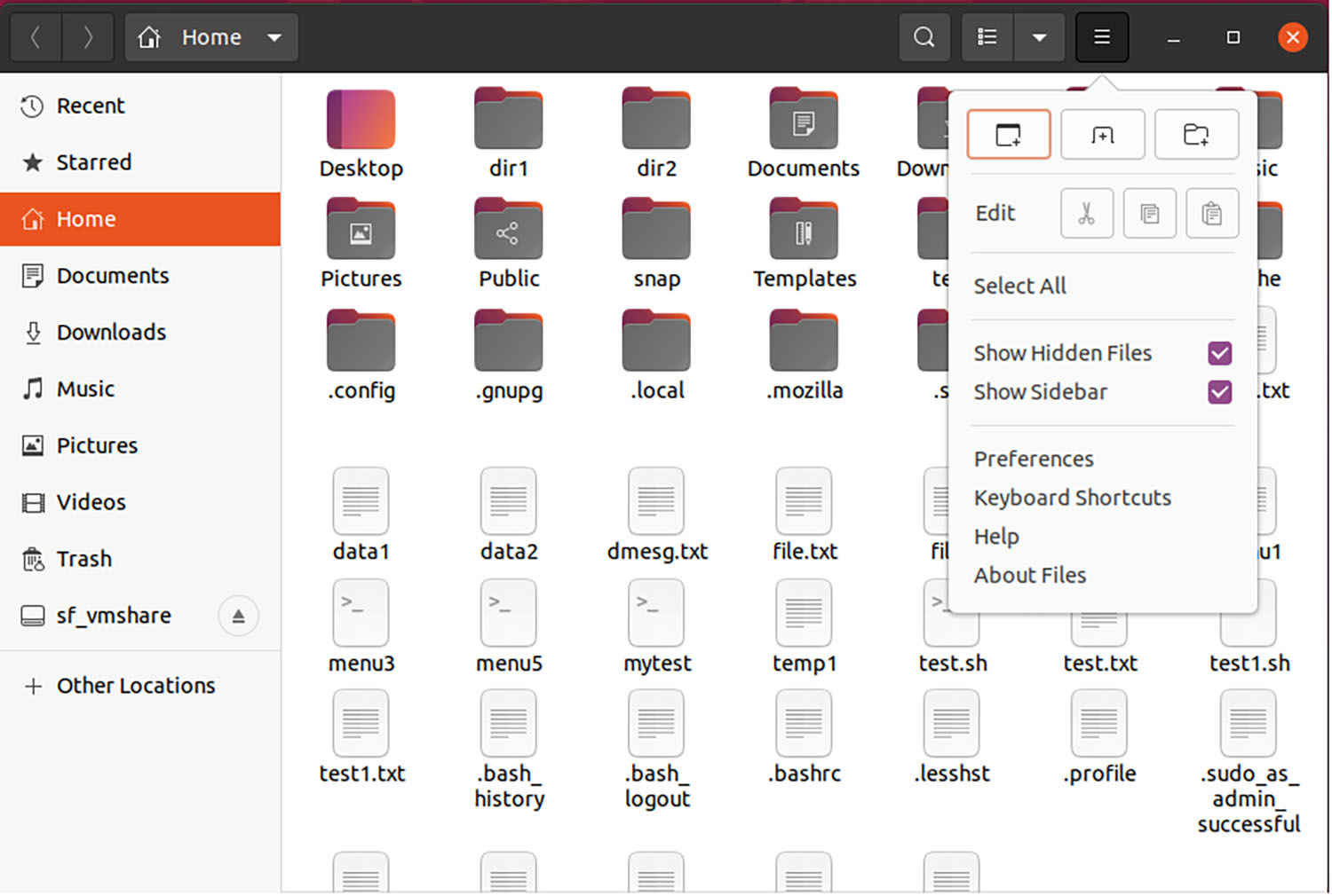 A screenshot displays hidden files using Files in Ubuntu.