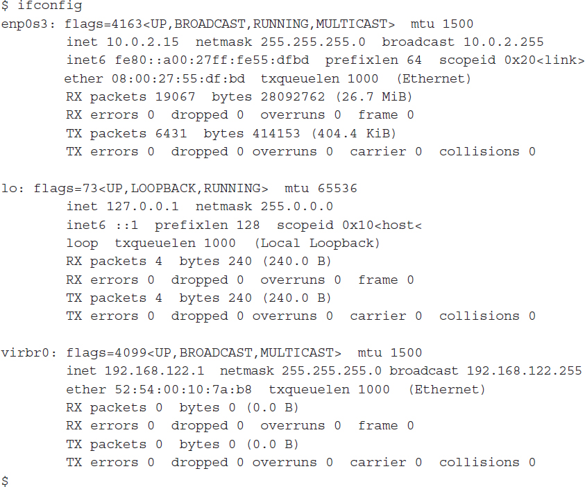 Listing shows the network interface stats from the if config command.