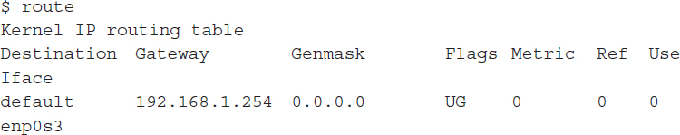 An output shows the current default router configured for the system using the route command.