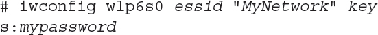 Line 1: hash space i w config space w l p 6 s 0 space e s s i d space double quote My Network double quote space key. Line 2: s colon my password.