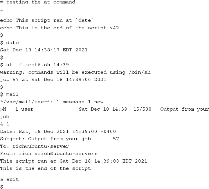 An example of using the at command to schedule a job to run is shown.