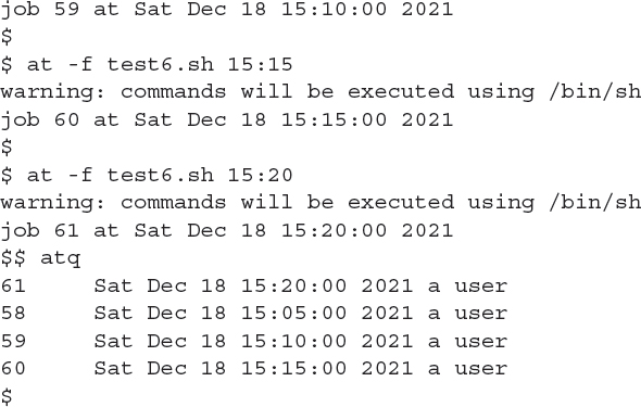 An output shows the jobs pending on the system using the a t q command.