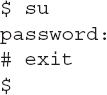 Line 1: dollar space s u. Line 2: password colon. Line 3: hash space exit. Line 4: dollar.