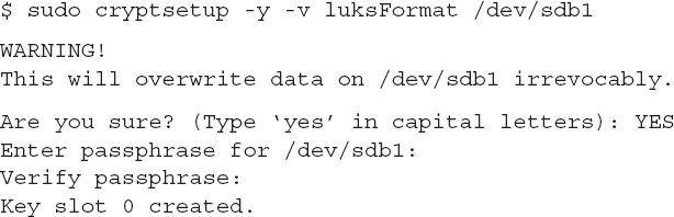 An output shows formatting of a partition to use for encryption, using the luks Format option.