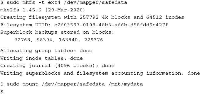 The slash dev slash mapper slash safe data device file references the opened encrypted partition and is handled as a normal Linux partition.