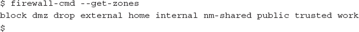 Line 1: dollar space firewall hyphen c m d space double hyphen get hyphen zones. Line 2: block d m z drop external home internal n m hyphen shared public trusted work. Line 3: dollar.