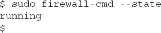 Line 1: dollar space sudo space firewall hyphen c m d space double hyphen state. Line 2: running. Line 3: dollar.